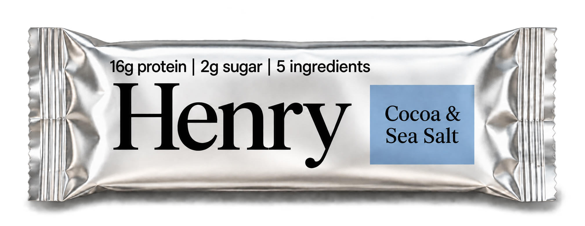 Henry Cocoa & Sea Salt bar in a silver foil wrapper, displayed vertically.